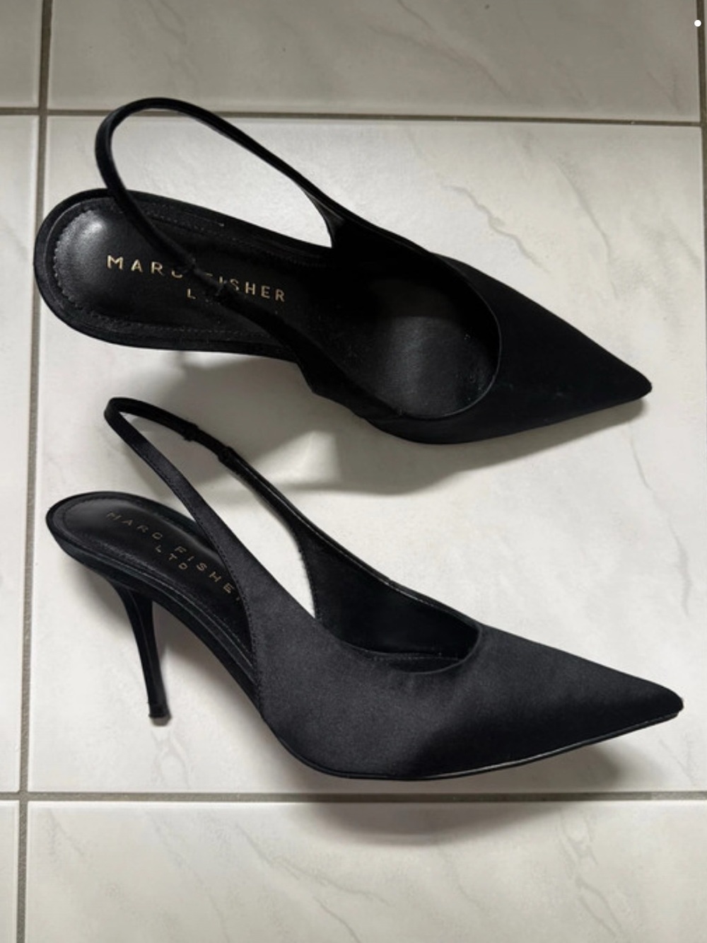 Marc Fisher Black Satin Slingback Pointed Kitten Heels